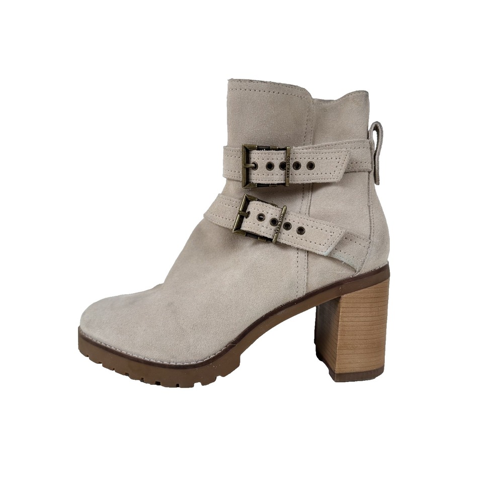 COLE‎ HAAN Booties 8B Grand 360 Beige Foster Almond Stacked Heel Suede Buckle